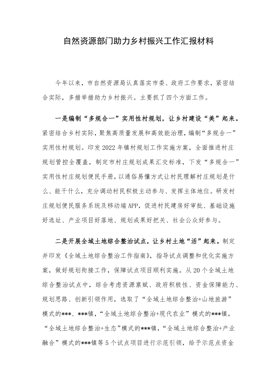 自然资源部门助力乡村振兴工作汇报材料.docx_第1页