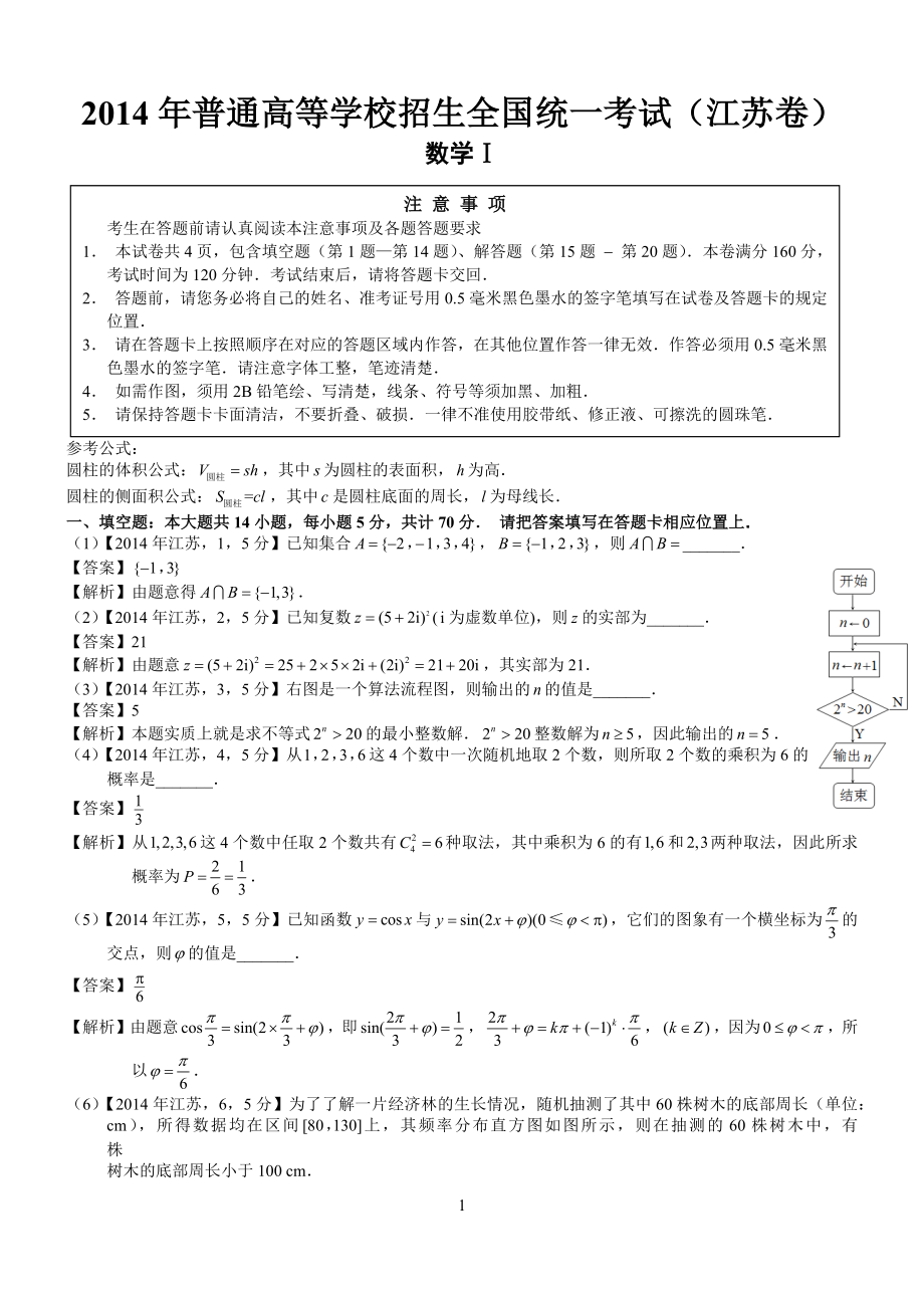 2014年高考江苏数学试题及答案(word解析版).docx_第1页