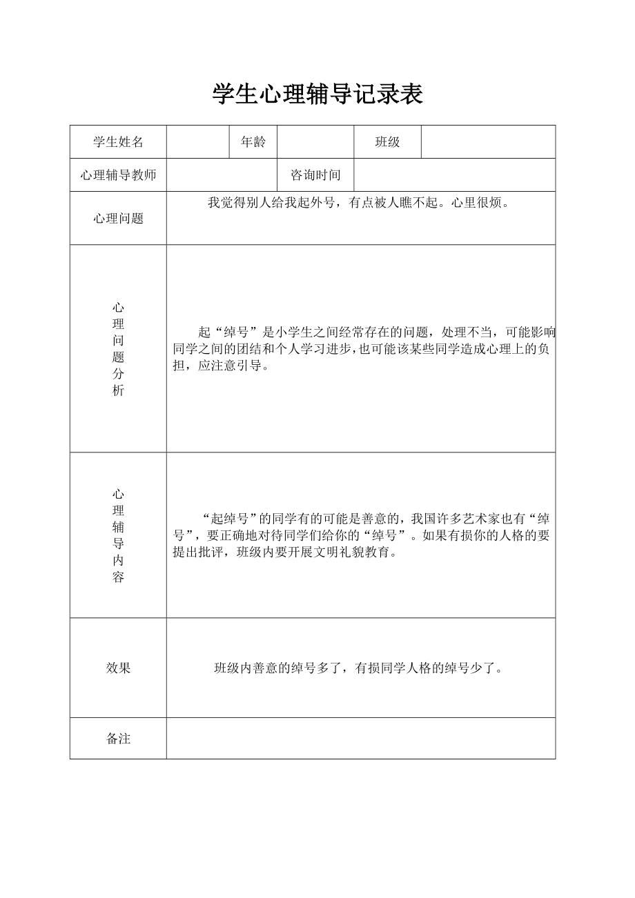 优秀资料（2021-2022年收藏）小学心理咨询心理疏导记录表.doc_第1页