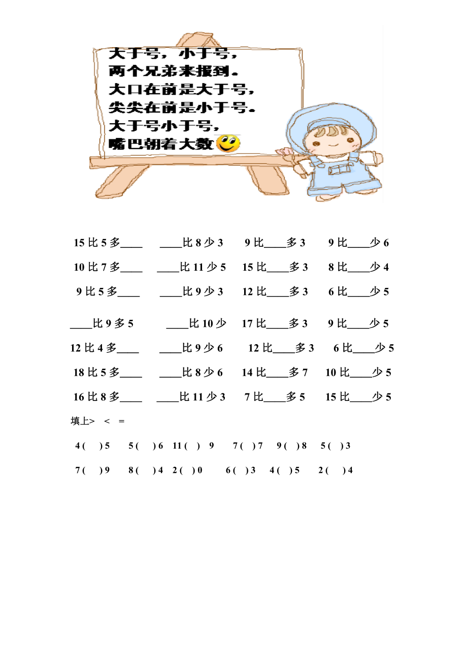 优秀资料（2021-2022年收藏）小学一年级数学上册大于号小于号或等于号和比一比练习题加强型.doc_第1页