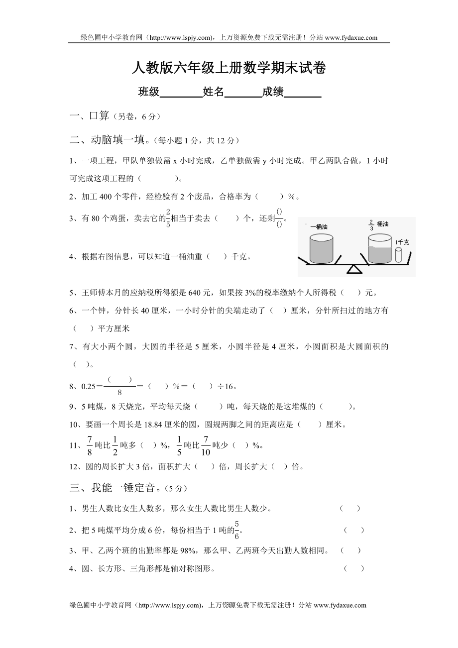 人教版小学六年级上册数学期末总复习试卷题目.doc_第1页