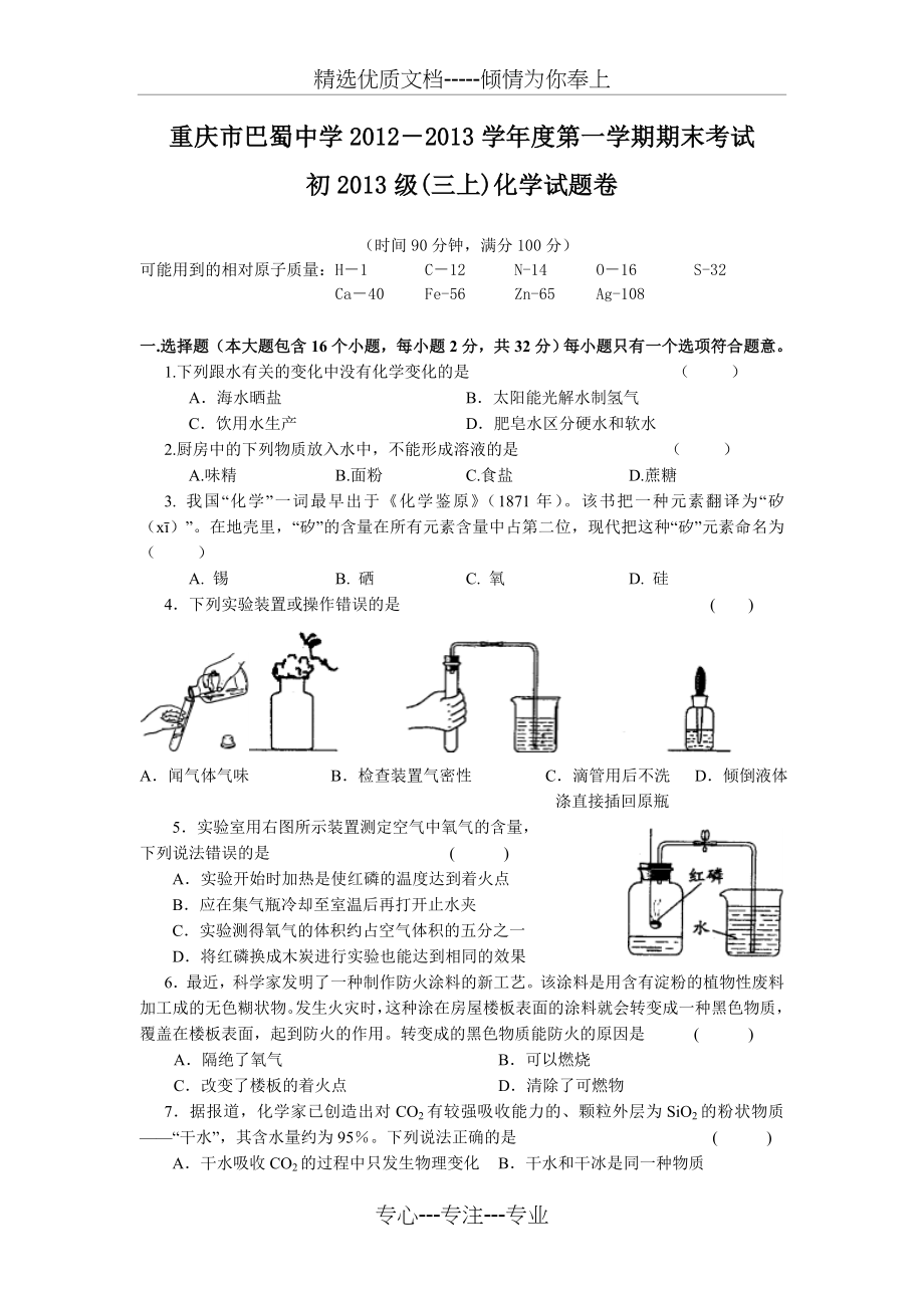 重庆市巴蜀中学2013届九年级上学期期末考试化学试题(共7页).doc_第1页