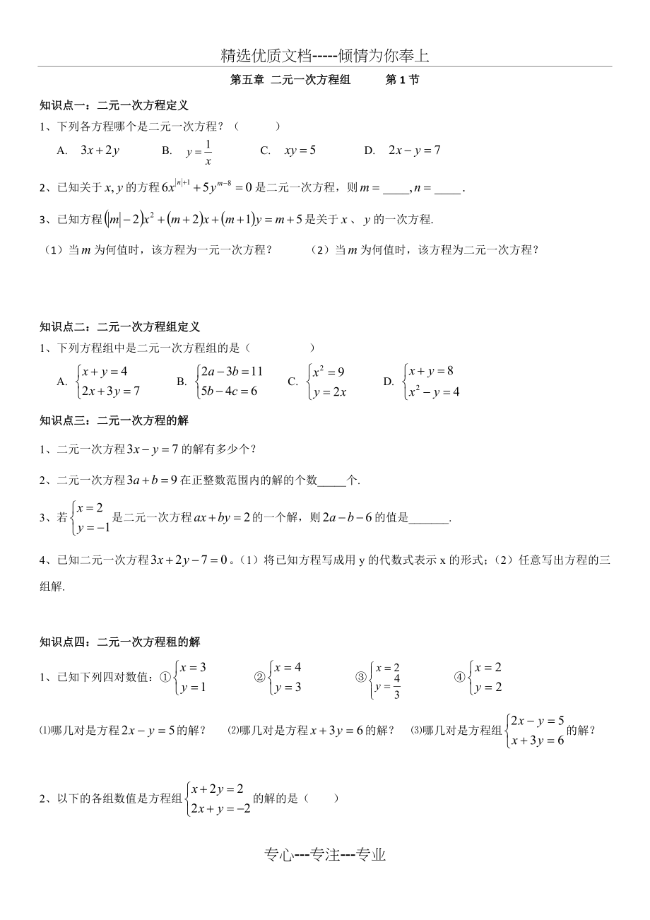 二元一次方程组概念第一节练习题(共2页).doc_第1页