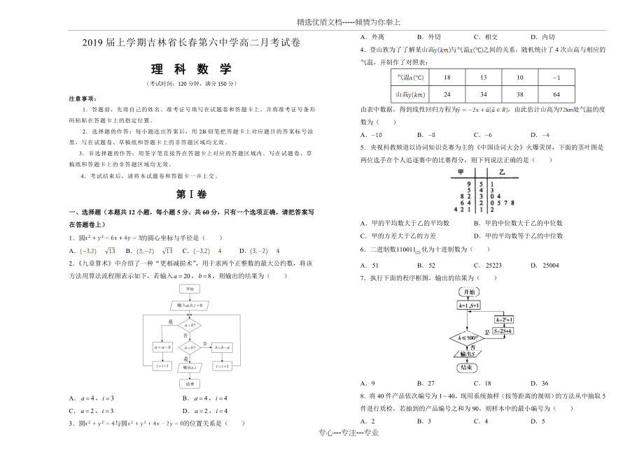 2019届上学期吉林省长春第六中学高二月考试卷数学(理).doc_第1页