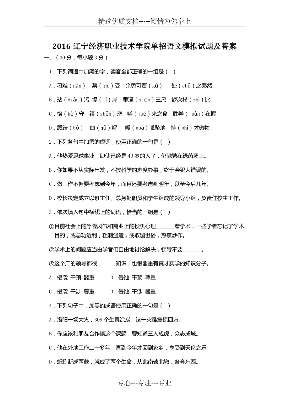 2016辽宁经济职业技术学院单招语文模拟试题及答案.docx_第1页