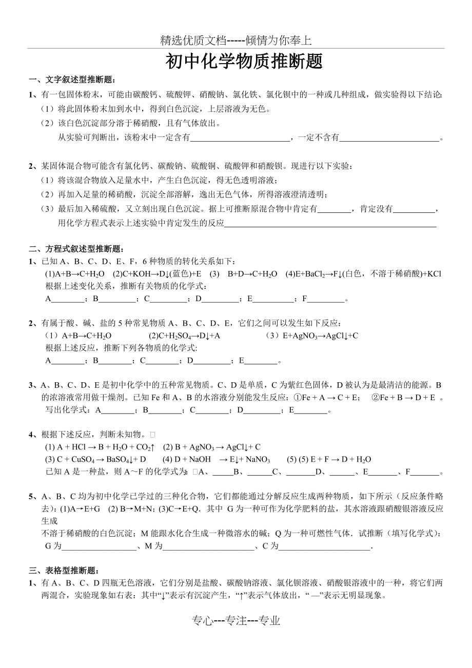 初中化学推断题(各种题型完整版).docx_第1页